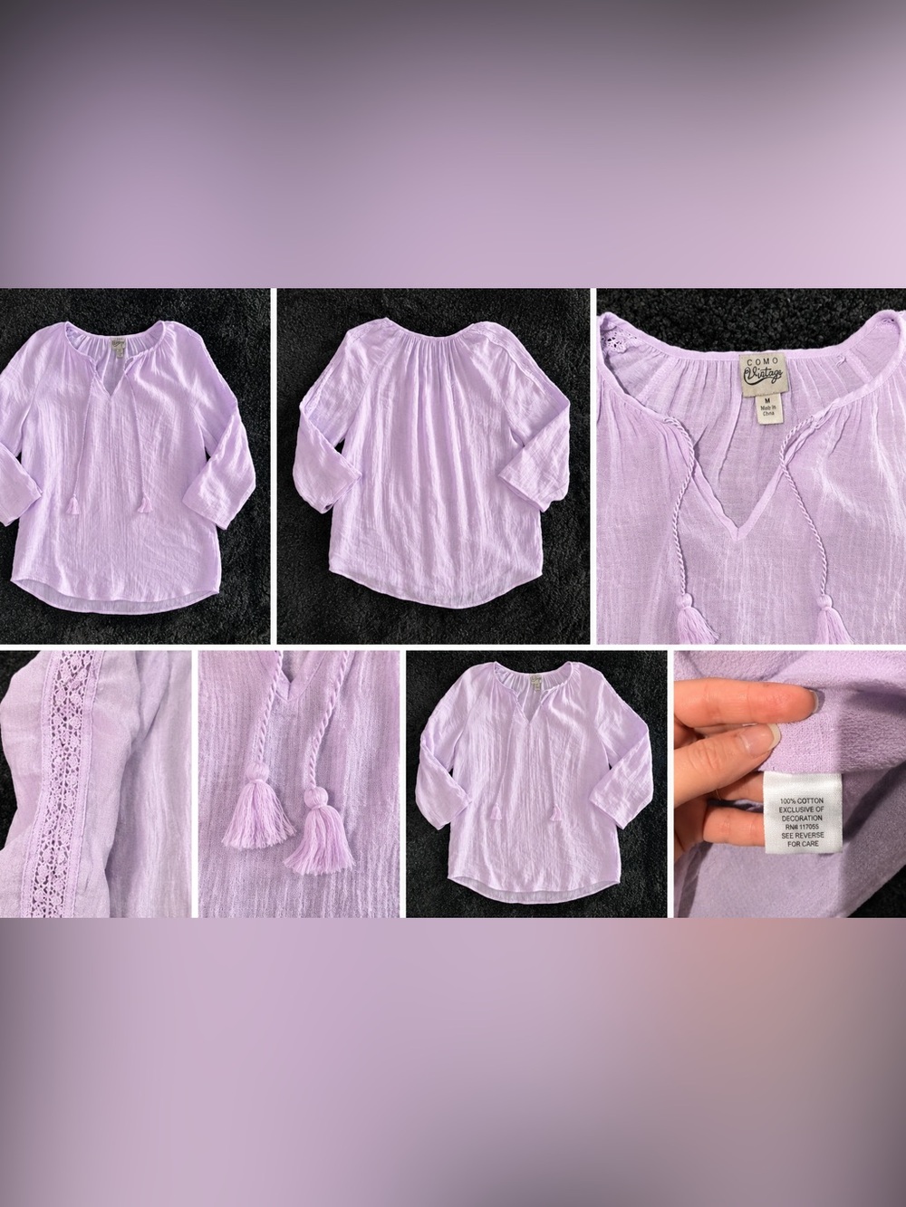 Como Vintage Lavender Gauze Boho Tassel Tie Blouse Beachy Small